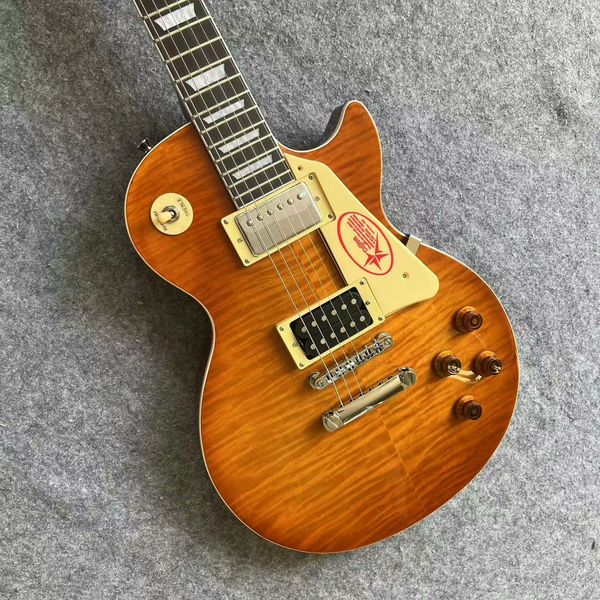 

Brown-Yellow Wood Grain Guitar: White Pickups, Red Guard Logo & Vintage Rock Soul