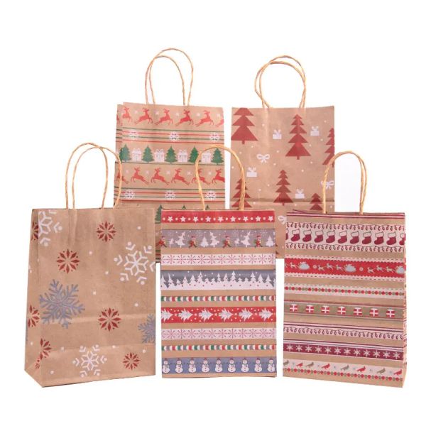 Happy Christmas Kraft Paper Gift Bag Xmas Santa Claus Candy Biscuit Bag Christmas Gift Hand Bags for New Year Present