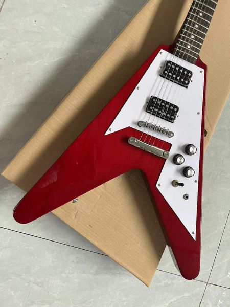 

Bold Red V-Shaped Electric Guitar - Dual Humbuckers, Metallic Hardware & Dot Inlays
