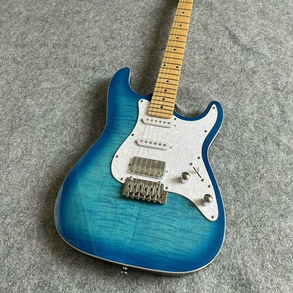 

Vibrant Blue Gradient Double-Cutaway Electric Guitar with Natural Wood Grain & Tremolo