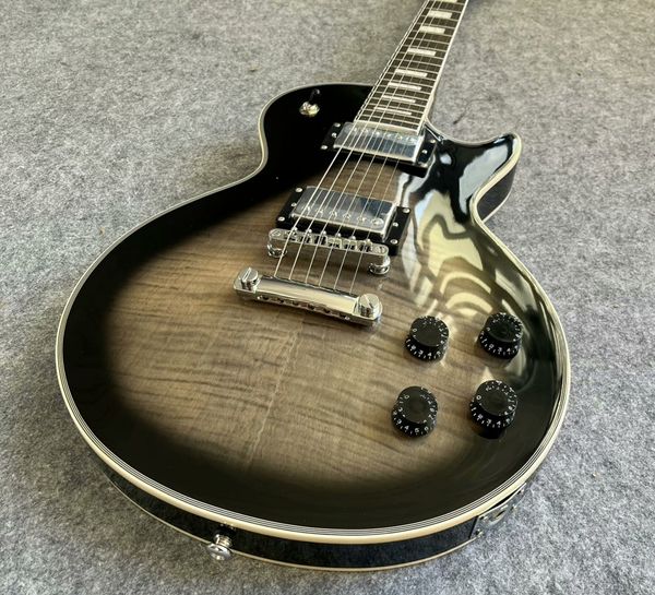 

Black-to-Wood Gradient Guitar: Metallic Humbuckers & Sleek Hardware - Rock Precision