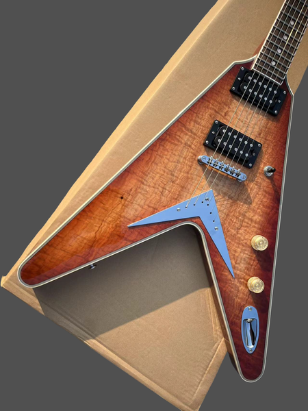 

V-Shaped Flame Burst Guitar - Dual Humbuckers, Metallic Accents & SustainMaster Bridge