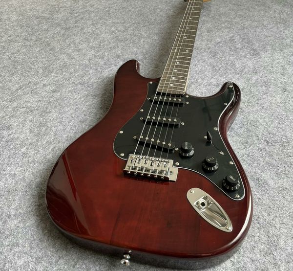 

Sleek Double-Cutaway Electric Guitar: Glossy Deep Red Finish, Black Pickguard, 3 Black Pickups