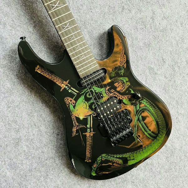 

Aggressive Double-Cut Guitar: Skull-Snake-Swords Graphic on Dark Gradient Body, Humbuckers