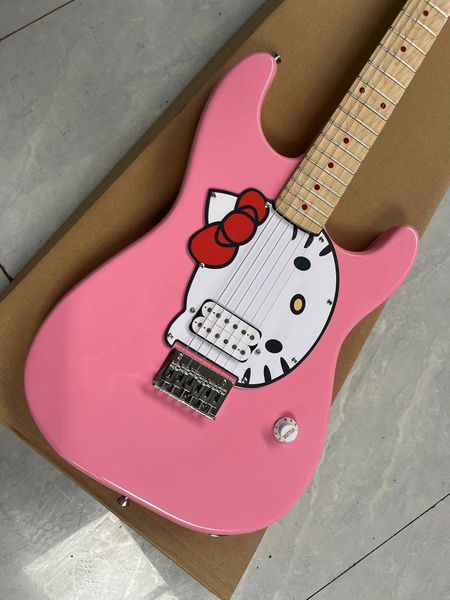 

Playful Pink Strat-Style Guitar: Whimsical Cat Graphic (Red Bow/Black Spots) & Maple Neck