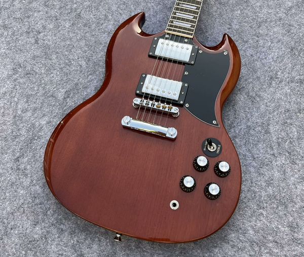 

Brown Double-Cut Rock Guitar: Metallic Humbuckers & Pro Control Knobs - Stage Ready