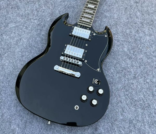

Sleek Black Double-Cut Guitar: Dual Metallic Humbuckers & Minimalist Rock Edge