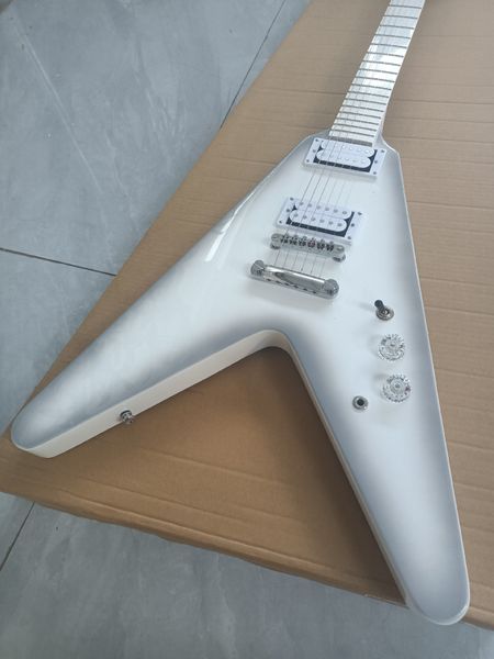 

Futuristic Silver V-Shaped Guitar - Dual White Humbuckers & Metallic Tuning Stability