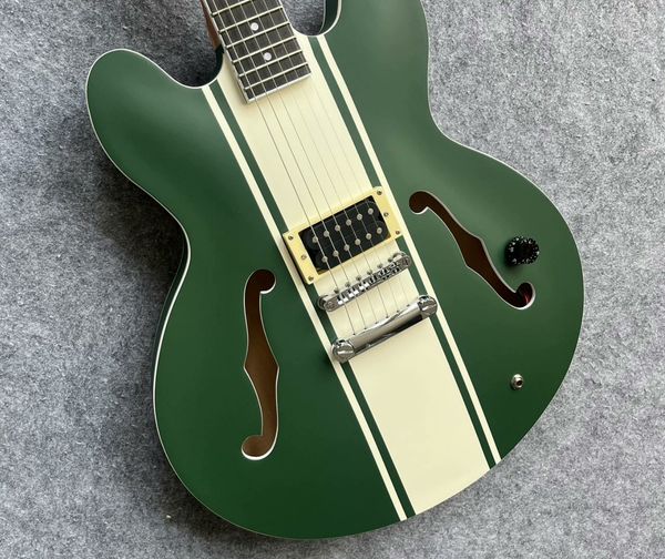 

Green Semi-Hollow Guitar w/ White Stripes & F-Holes - Retro Tone Versatility