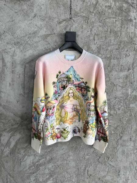 

25ss casabalnc top quality new color pattern printing men and women casual loose round neck pullover pure wool fashion versatile knit cardigan sweater coats top tide, Light tan