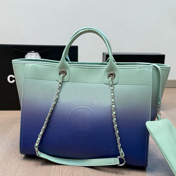 

Ladies Luxury Mint Green and Blue Multicolored Beach Bag Large Capacity Shopping Tote with Top Handle Embossed Letter Pattern Silver Chain Makeup Handbag 37x29cm, Purple