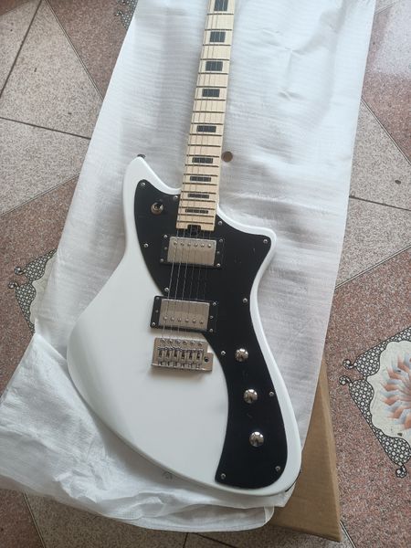 

Modern Sleek Electric Guitar: Glossy White Finish, Black Pickguard & Metallic Humbuckers