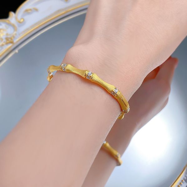 

New S925 Sterling Silver Italian Vintage Handmade Brushed Bamboo Bracelet with Zirconia Accent, Adjustable Elegant Bamboo Style Bangle