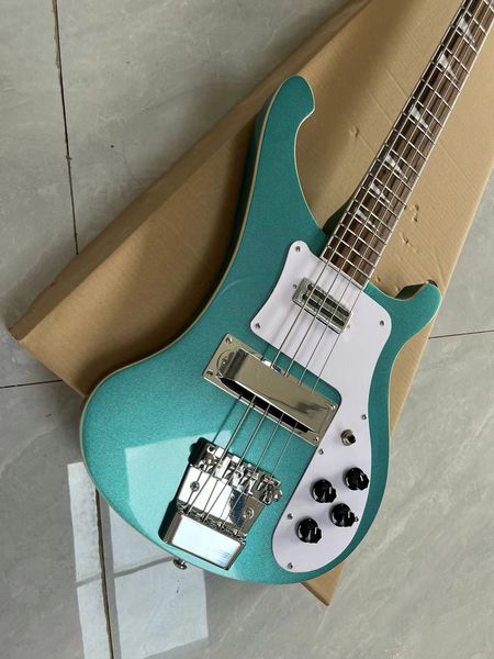 

Modern Sleek Bass Guitar: Shimmering Turquoise Finish & White Pickguard Contrast