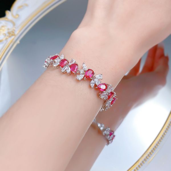 

New S925 Sterling Silver Ruby Tennis Bracelet Luxury Red Gemstone Full Diamond Elegant Gift for Weddings and Special Occasions