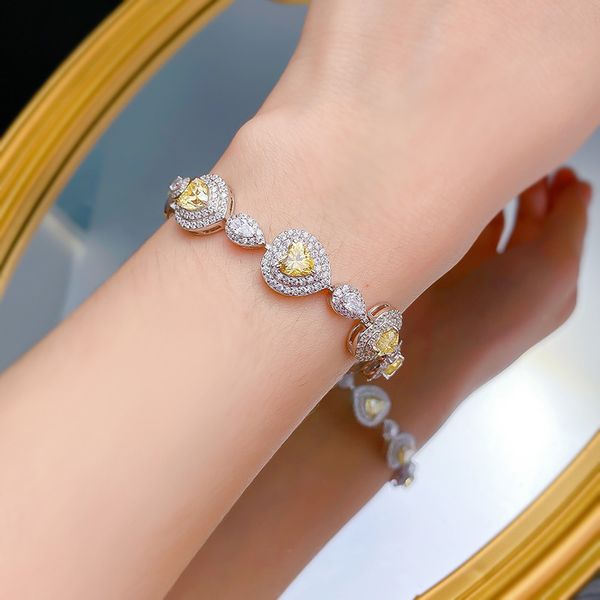 

S925 Silver Heart-Shaped Yellow Diamond Bracelet for Women, Full Diamond Luxury Design, Elegant Gift for Her