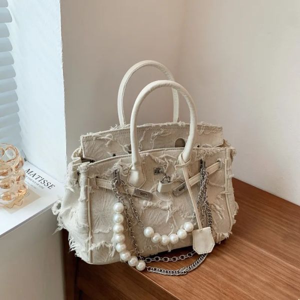 

Autumn vintage handmade denim hand-held Kelly bag, White