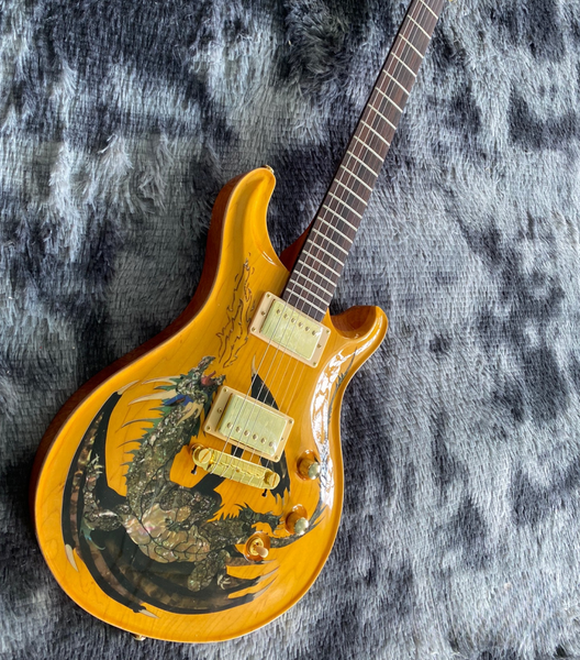 

Glossy Yellow/Blue/Green/Purple Electric Guitar with Dragon Artwork: Ergonomic Body, Gold Hardware for Metal & Progressive Rock