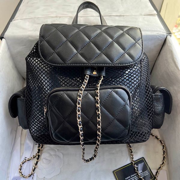 

Ladies Medium Light Hollow Mesh Leather Patchwork Backpack Designer Bag Three Pockets Golden Hardware Woven Chain String Design Diamond Shoulder Tote 26x25cm, White