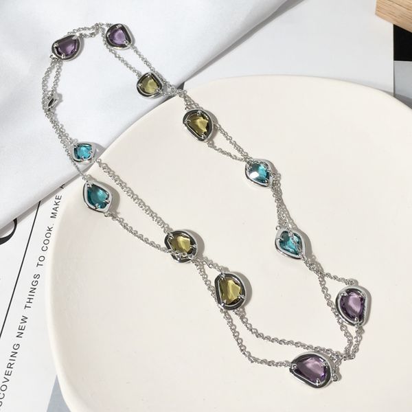 

Italian Style Colorful Irregular Faceted Crystal Long Pendant Necklace Matte Brushed Electroplated Copper Chain in Gold Silver Rose Gold Finish