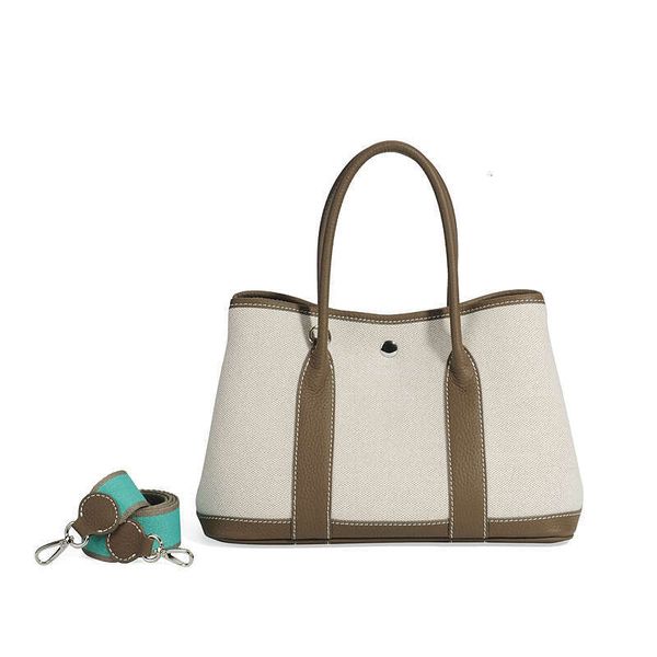 

Large Capacity Garden Canvas Splicing Contrasting Leather Top Layer Cowhide Hand Held Single Shoulder Shopping Bucket Tote Bag Lady Bags, Deep brown