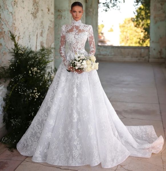 2025 Modest High Collar A-line Lace Wedding Dress Elegant Long Sleeve Appliques Bridal Bride Growns Vestidos De Novia Robe De Mariee
