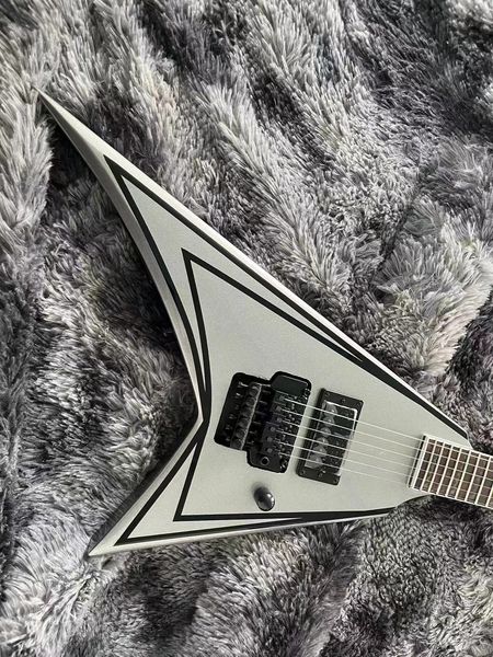 

Triangular Flying V-Style Guitar: Sleek Silver Finish, Black Geometric Lines & Single Humbucker