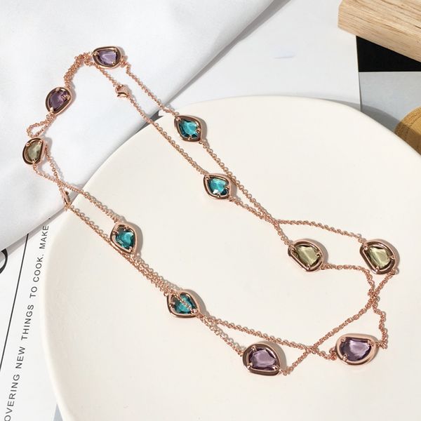 

Fashion Long Necklace with Faceted Irregular Color Stones Italian Style Jewelry Electroplated Brushed Copper in Gold Silver Rose Gold Color Options
