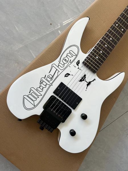 

Modern Angular Electric Guitar: Glossy White Finish with Black Lion Logo & Graphic Accents