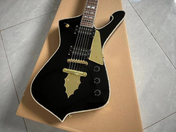 

Unique-Body Electric Guitar: Glossy Black Finish, White Binding & Gold Hardware Accents