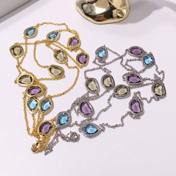 

Long Statement Necklace Featuring Irregular Multicolor Faceted Stones Italian Chic Design with Matte Electroplated Brushed Copper Chain Three Colors