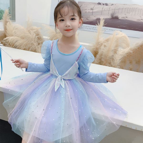 

toddler baby designer clothes Frozen Elsa Multi-colored princess cotton long-sleeved dress for little girl., Wathet blue