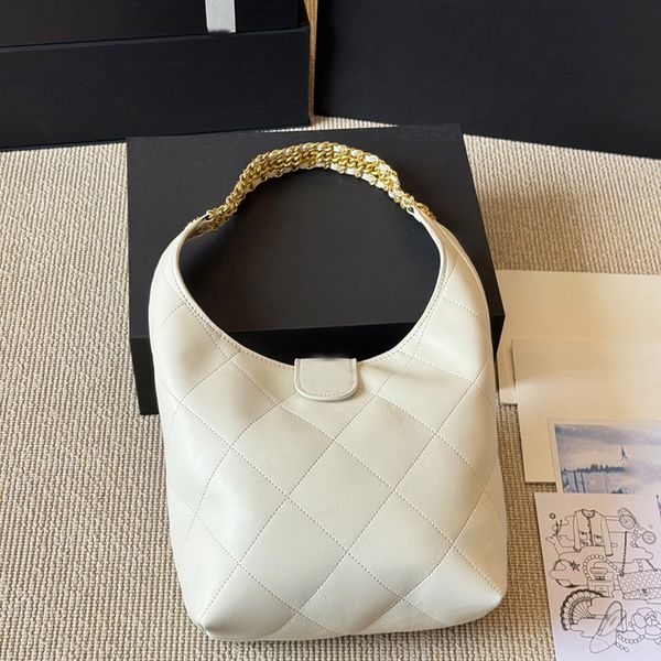 

25p Hobo Underarm Bag Fashion Womes Shoulder Bags Genuine Leather Checkered Pattern Gold Hardware Metal Locking Wide Chain Luxury Handbag Bucket Sacoche Purse 35cm, Black