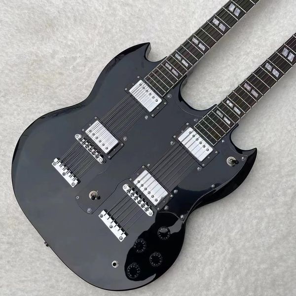 

Glossy Glossy Black/White Two-Headed Electric Guitar with Dual Neck Setup & Silver Tone Controls