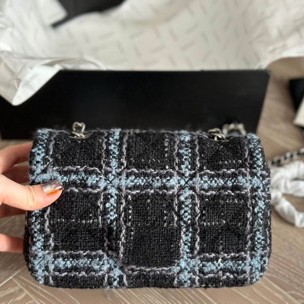

Ladies Black Blue Stripes Plaid Pattern Shoulder Bag Knitting Two-Tone Tweed Silver Hardware Matelasse Chain Classic Flap Wallet Designer Crossbody Handbag 20cm, Color 1