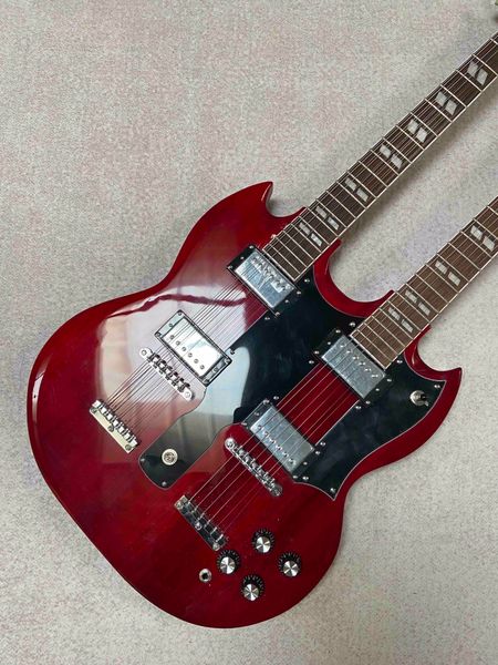 

Dual-Neck Glossy Red Electric Guitar Featuring Metal-Pickup & Black Guard - Perfect For Live Performances