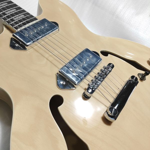 

Light Natural Wood Semi-Hollow Electric Guitar: F-Hole Resonance, Dual Metal Pickups, Rosewood Neck