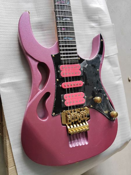 

Vibrant Glossy Pink/Green Semi-Hollow Guitar: Black Pickguard, 3 Pink Pickups with White Dots, Gold Bridge
