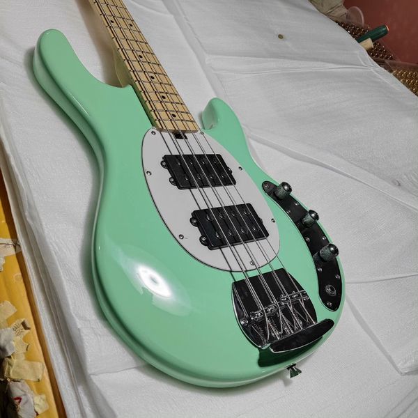 

Sleek Glossy Green Electric Bass: Modern Design, Black Pickguard, Humbucker Pickups