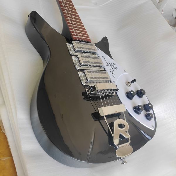 

Sleek Glossy-Black Electric Guitar: White Pickguard with Text, 3 Metallic Humbuckers, Vibrato Bridge