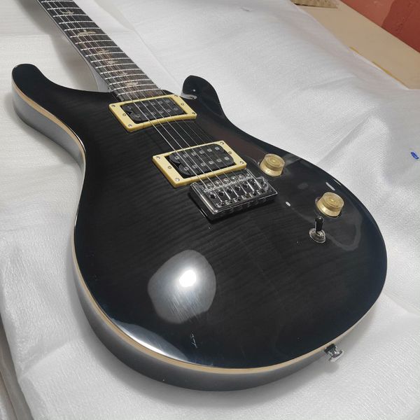 

Sleek Glossy Black Electric Guitar: Cream Humbuckers, Gold Controls, Single Cutaway
