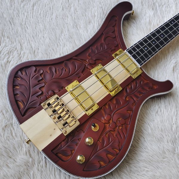 

Deep Red Leaf-Carved Electric Bass: Gold Hardware, Ebony Fretboard, Star Inlays