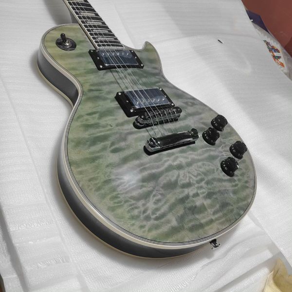 

Striking Greenish-Gray Quilted Maple Single-Cut Electric: Black Humbuckers, White Binding, Metal Bridge