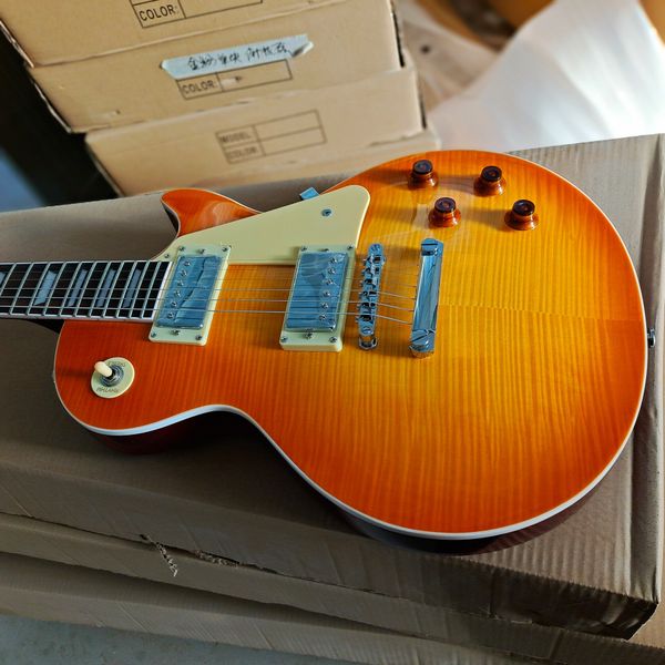 

Classic Sunburst Electric Guitar: Orange-to-Yellow Gradient, Cream Pickguard, Dual Metallic Pickups