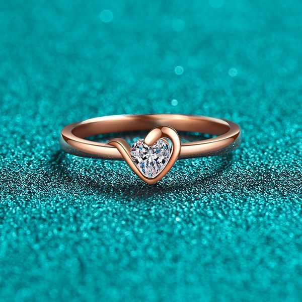 

S925 Sterling Silver Moissanite Heart Shape Ring, Champagne Gold Minimalist Design for Women, Elegant Luxury Jewelry
