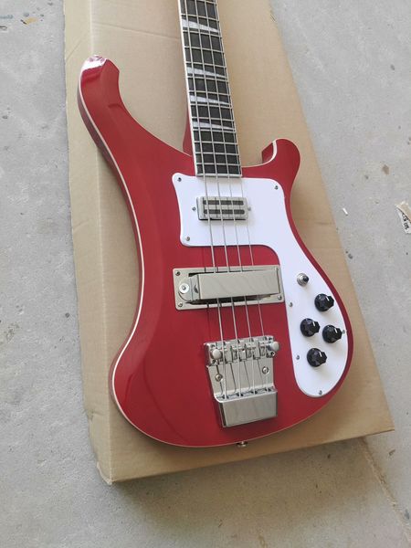 

Glossy Red Electric Bass Guitar: Modern Ergonomic Cutaway, White Pickguard, Chrome Hardware