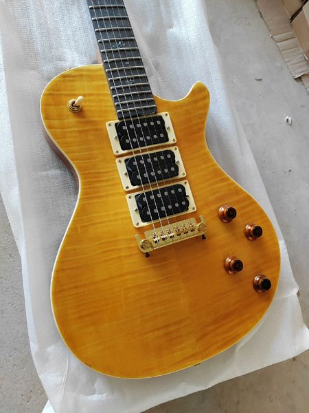 

Stunning Warm Yellow-Orange Electric Guitar: Flame Maple Top, 3 Humbuckers, Gold Bridge