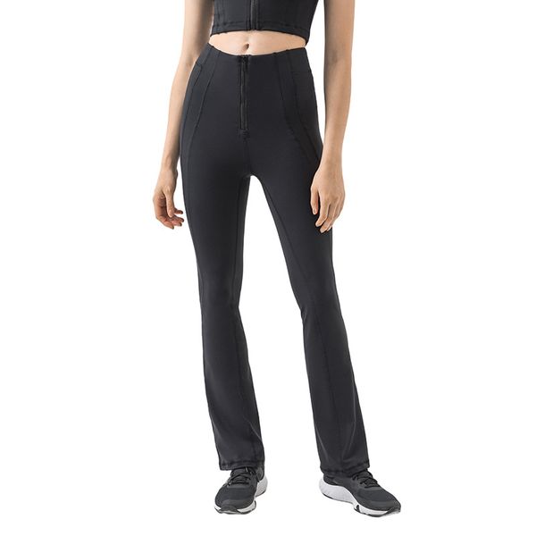 

High-Waisted Tummy-Control Zipper Yoga Pants with Flared Legs, Black