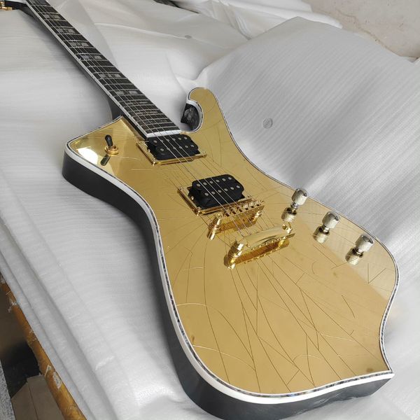

Striking Mirror Gold/Silver Electric Guitar: Contoured Body, Dual Black Humbuckers, Metallic Hardware