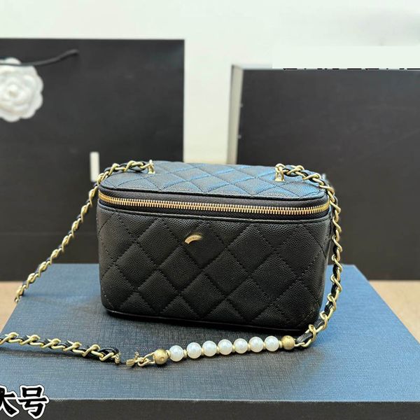 

White Pearl Balls Decoration Women Makeup Bag Vanity Box Stripes Gold Hardware Embroidery Letters Calfskin Leather Diamond Pattern Case Designer Shoulder Handbag, Black